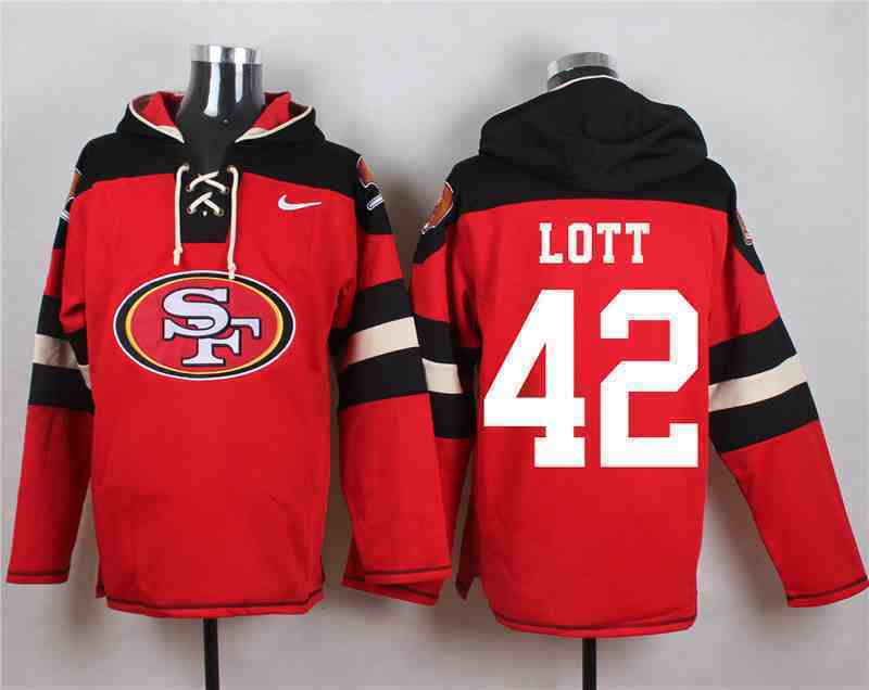 Nike 49ers 42 Ronnie Lott Red Hooded Jersey