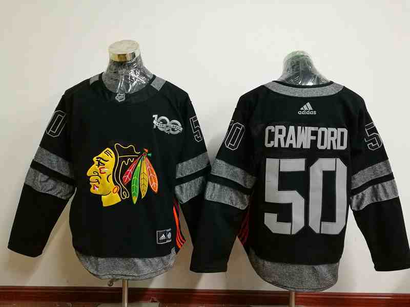 Blackhawks 50 Corey Crawford Black 1917-2017 100th Anniversary Jersey