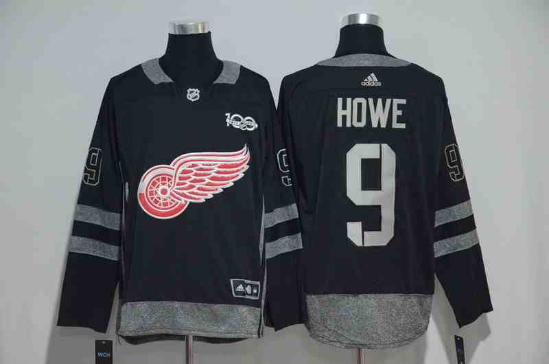Red Wings 9 Gordie Howe Black 100th Anniversary Adidas Jersey