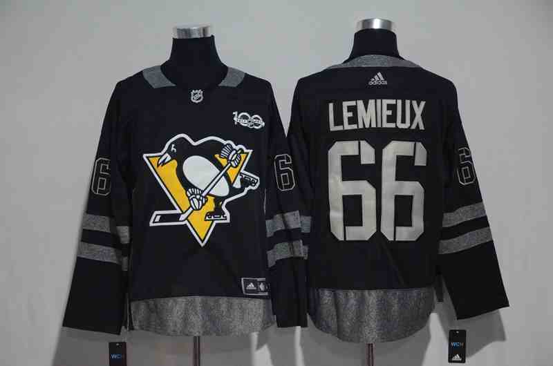 Penguins 66 Mario Lemieux Black 1917-2017 100th Anniversary Jersey