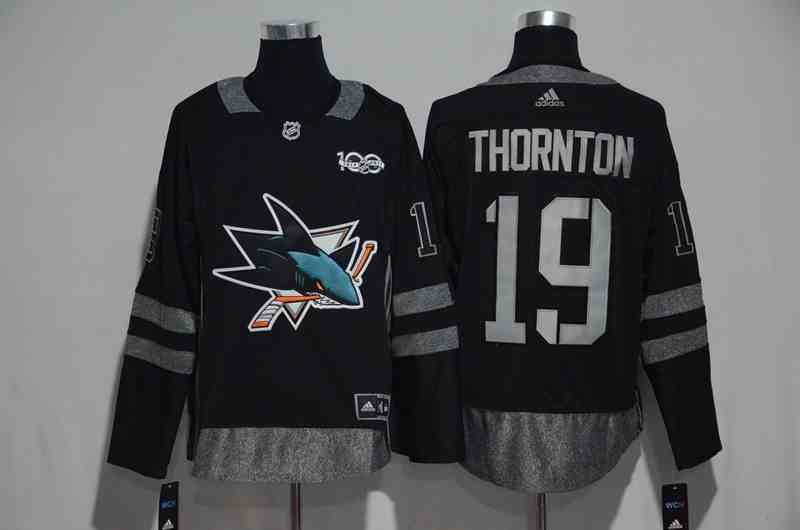 Sharks 19 Joe Thornton Black 1917-2017 100th Anniversary Jersey