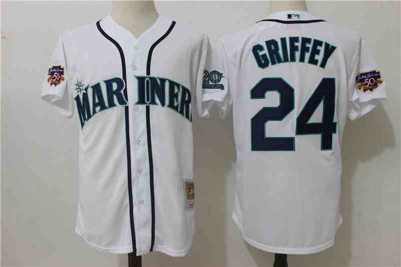 Mariners 24 Ken Griffey Jr. White With 50th Anniversary Patch Cool Base Jersey