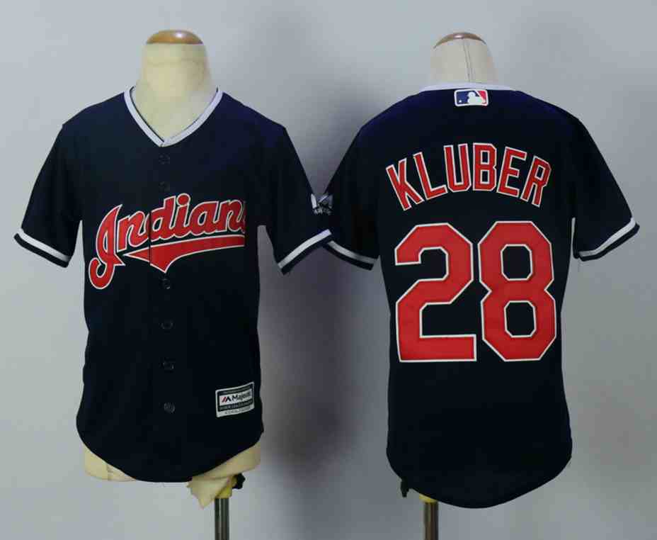 Indians 28 Corey Kluber Navy Youth New Cool Base Jersey