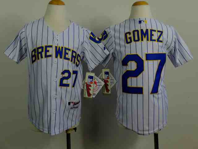 Brewers 27 Gomez White Blue Stripe Youth Jersey