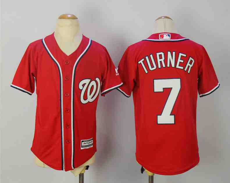 Nationals 7 Trea Turner Red Youth Cool Base Jersey