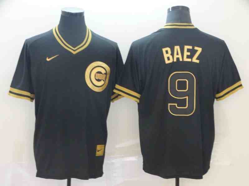 Cubs 9 Javier Baez Black Gold Nike Cooperstown Collection Legend V Neck Jersey