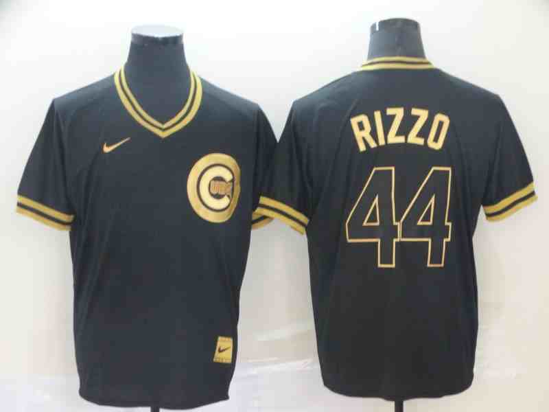 Cubs 44 Anthony Rizzo Black Gold Nike Cooperstown Collection Legend V Neck Jersey