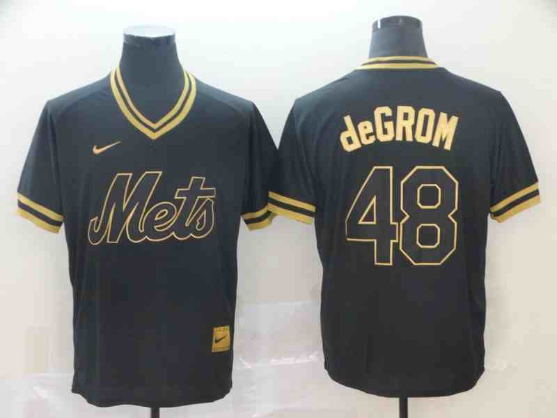 Mets 48 Jacob deGrom Black Gold Nike Cooperstown Collection Legend V Neck Jersey