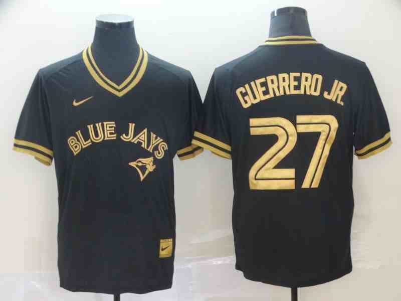Blue Jays 27 Vladimir Guerrero Jr. Black Gold Nike Cooperstown Collection Legend V Neck Jersey