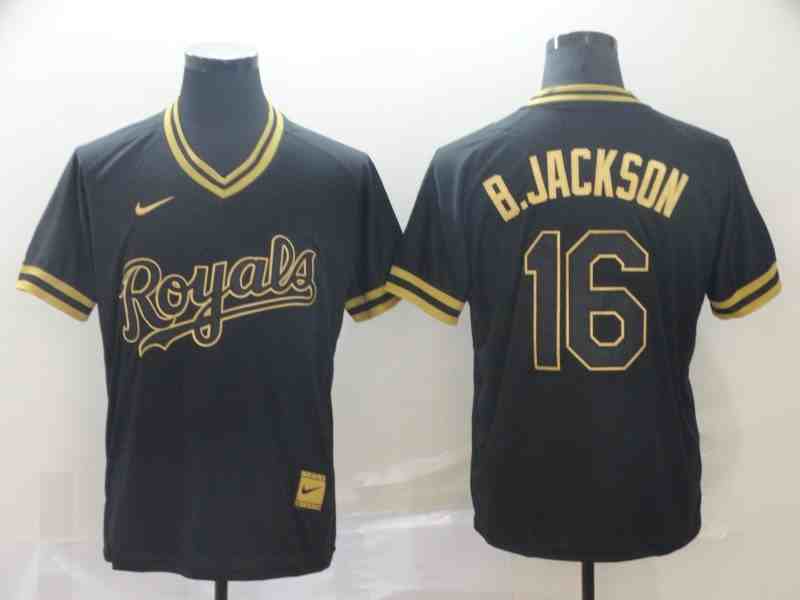 Royals 16 Bo Jackson Black Gold Nike Cooperstown Collection Legend V Neck Jersey