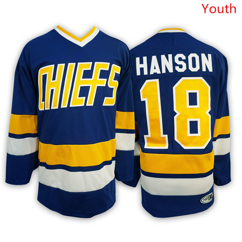 Hanson Brothers 18 Jeff Hanson Blue Stitched Youth Movie Jersey