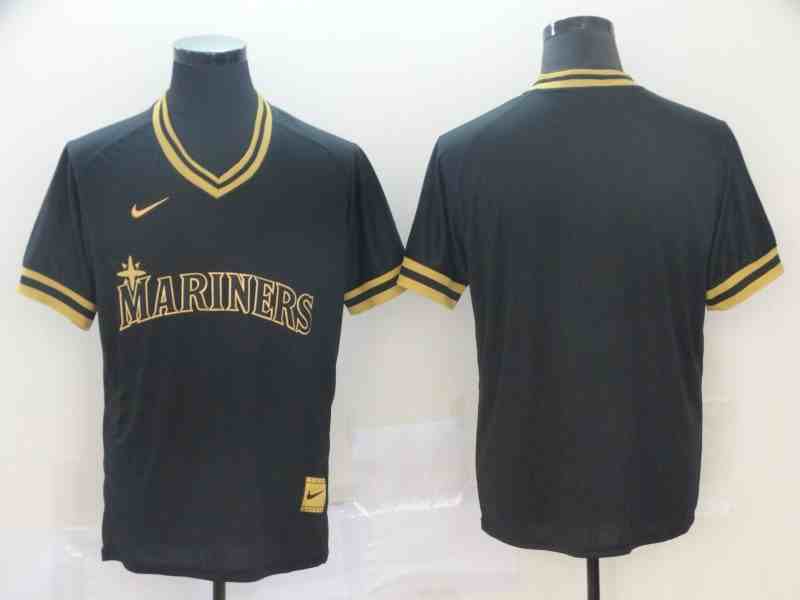 Mariners Blank Black Gold Nike Cooperstown Collection Legend V Neck Jersey