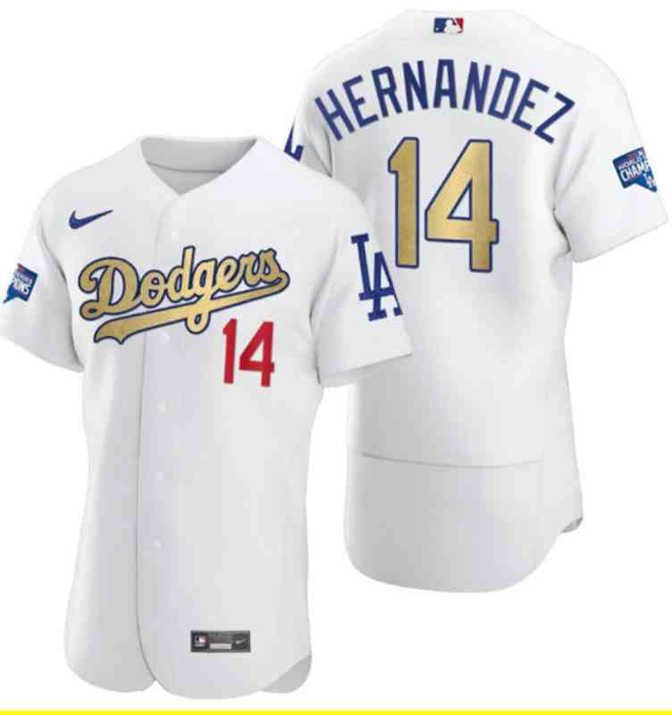 Dodgers 14 Enrique Hernandez White Gold Nike 2020 World Series Champions Flexbase Jersey