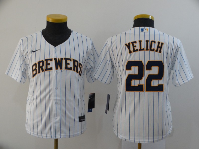 Brewers 22 Christian Yelich White Youth Nike 2020 Cool Base Jersey