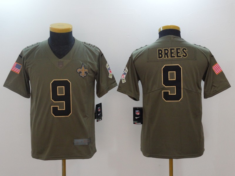 Nike Saints 9 Drew Brees Olive Youth Salute To Service Limited Jersey