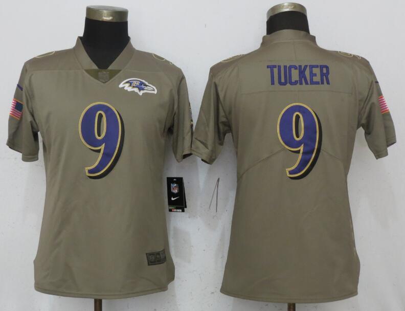 Nike Ravens 9 Justin Tucker Olive Women Salute To Service Limited Jersey