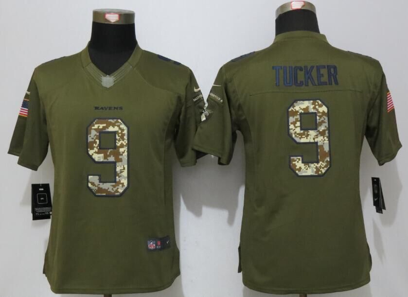 Nike Ravens 9 Justin Tucker Green Salute To Service Women Limited Jersey
