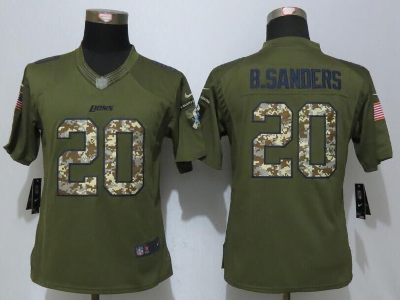 Nike Lions 20 Barry Sanders Green Salute To Service Women Limited Jersey