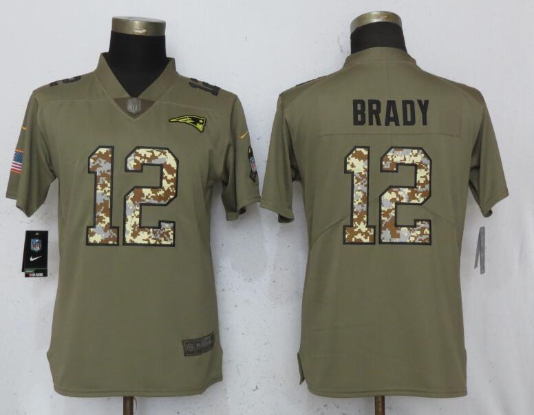 Nike Patriots 12 Tom Brady Olive Camo Women Salute To Service Limited Jersey