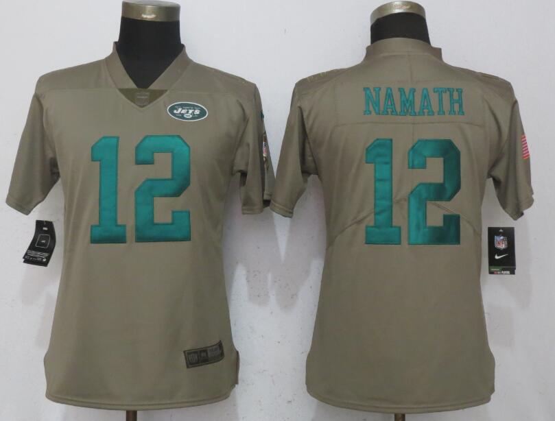 Nike Jets 12 Joe Namath Olive Women Salute To Service Limited Jersey