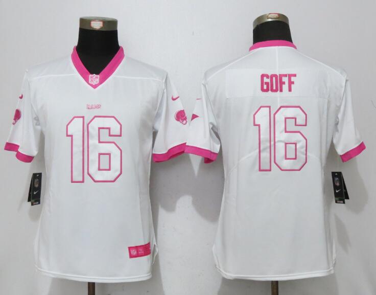 Nike Rams 16 Jared Goff White Pink Women Limited Jersey