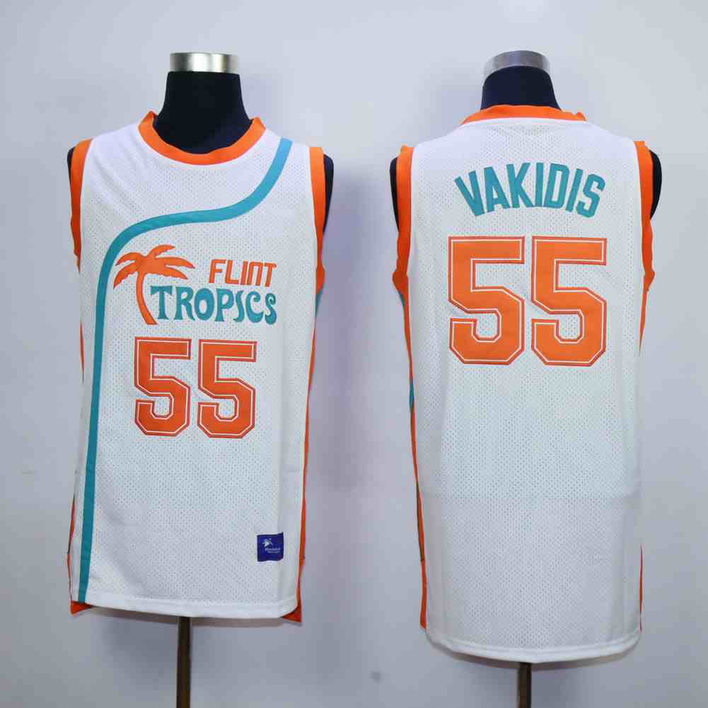 Flint Tropics 55 Vakidis White Semi Pro Movie Stitched Basketball Jersey