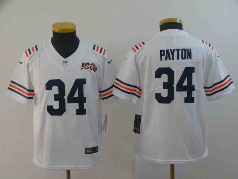 Youth Chicago Bears #34 Walter Payton White 2019 100th Season Limited Stitched NFL Jersey
