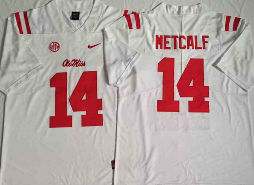 Mens NCAA Ole Miss Rebels White #14 METCALF 2021 Jersey