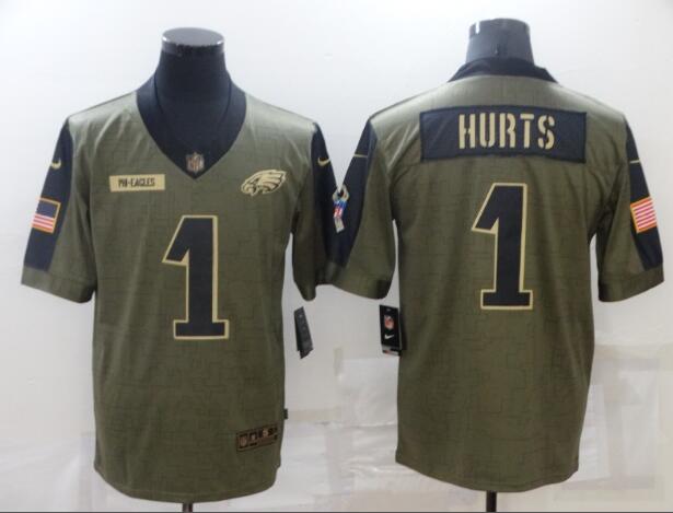 Men's Philadelphia Eagles 1 Jalen Hurts Nike Olive 2021 Salute To Service Retired Player Limited Jersey