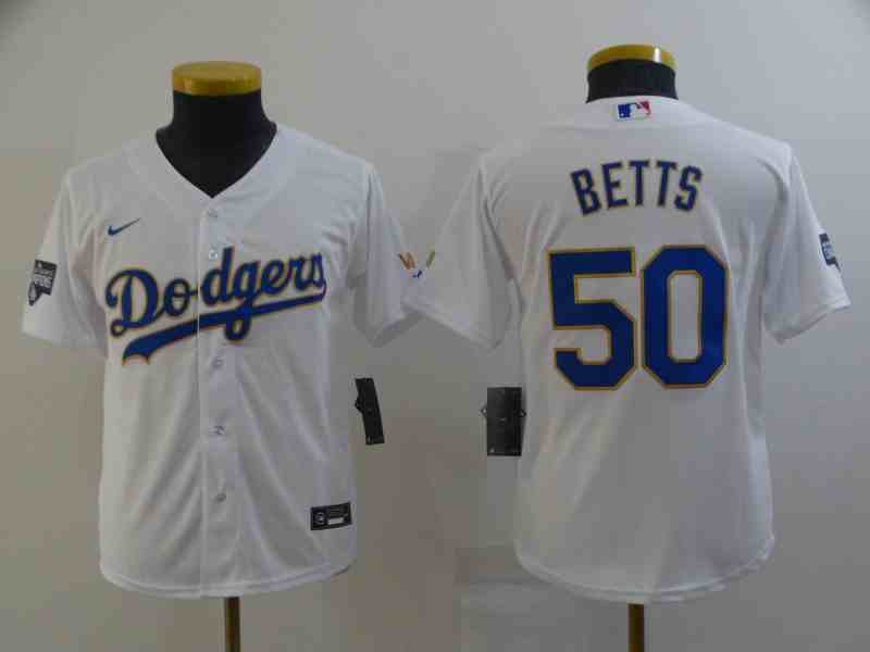 Los Angeles Dodgers #50 Mookie Betts Youth White 2021 Gold Program Cool Base Jersey