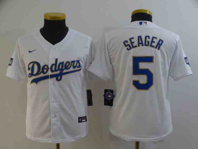Los Angeles Dodgers #5 Corey Seager Youth White 2021 Gold Program Cool Base Jersey