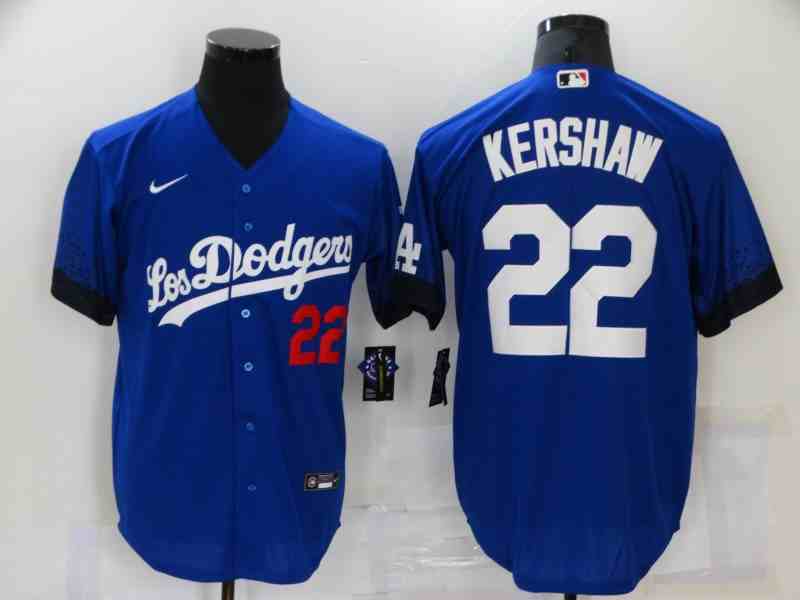 Los Angeles Dodgers #22 Clayton Kershaw Royal Blue 2021 City Connect Cool Base Jersey with front of number