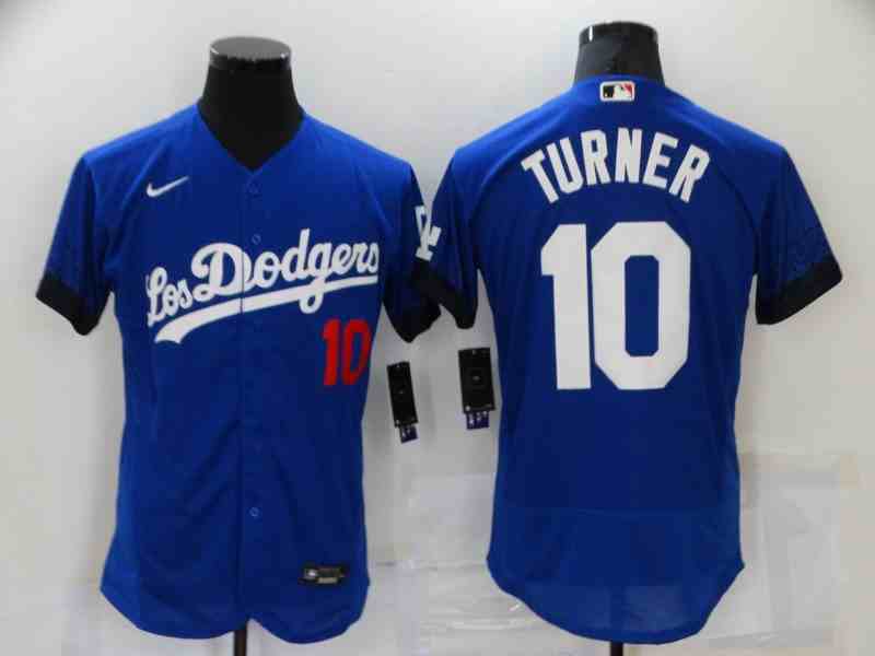 Los Angeles Dodgers #10 Justin Turner Royal Blue 2021 City Connect Cool Base Jersey with front of number