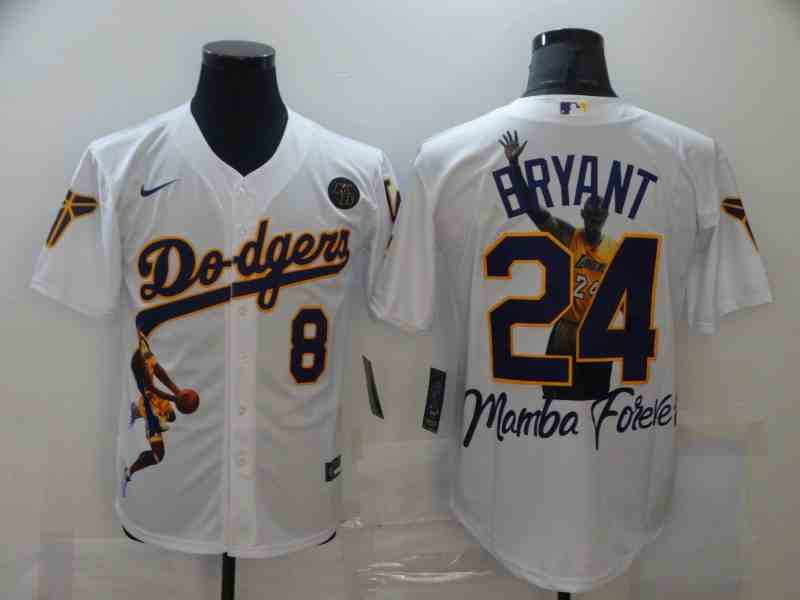 Men's Los Angeles Dodgers Front #8 Back #24 Kobe Bryant White With KB Patch Cool Base Stitched Jersey