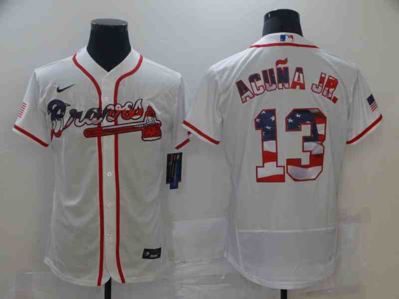 Men's Atlanta Braves 13 Ronald Acuna Jr. White USA Flag Fashion Nike MLB Jersey