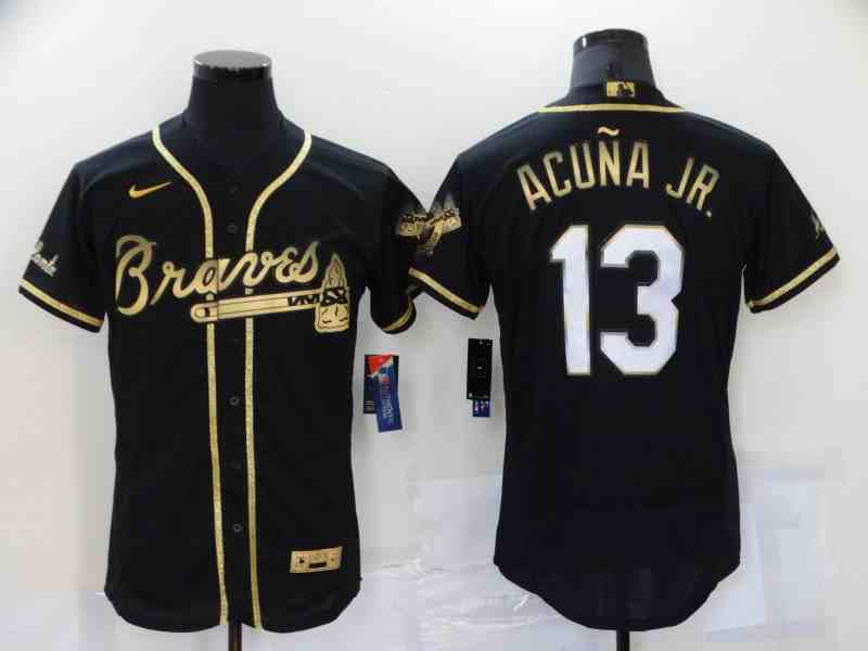 Men's Atlanta Braves #13 Ronald Acu?a Jr Black Golden Flex Base Stitched Jersey