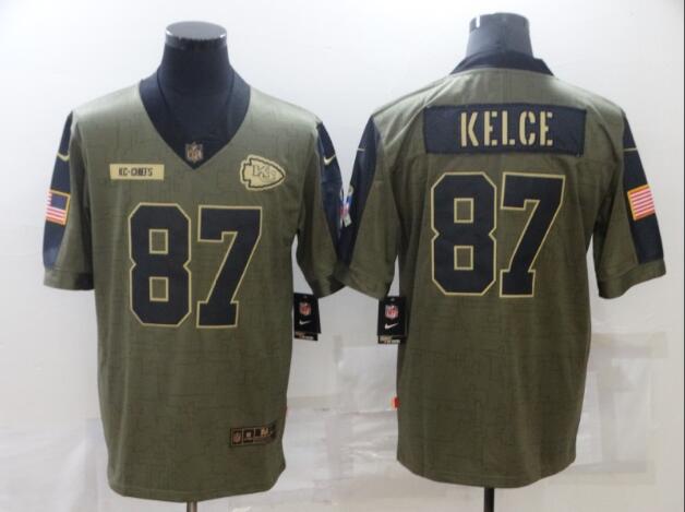 Men's Kansas City Chiefs 87 Travis Kelce Nike Olive 2021 Salute To Service Limited Player Jersey