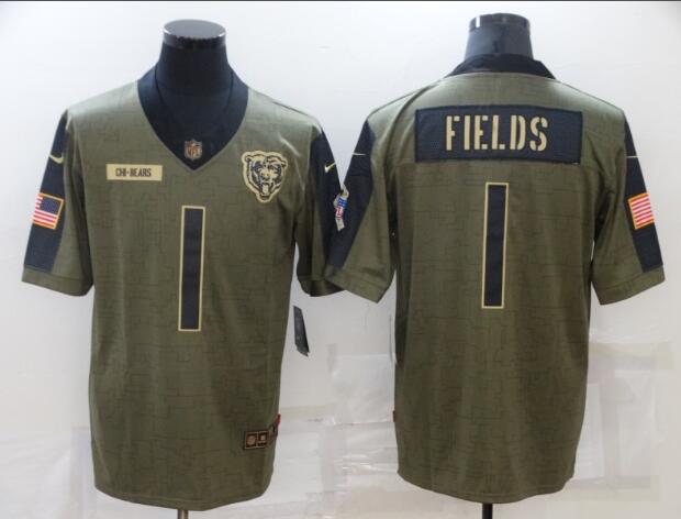 Men's Chicago Bears 1 Justin Fields Nike Olive 2021 Salute To Service Limited Player Jersey