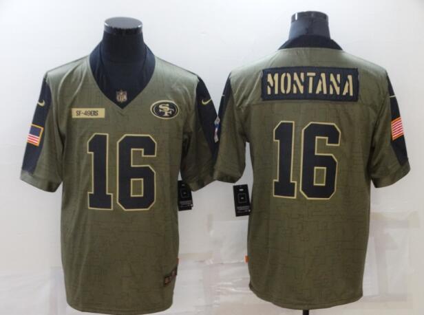 Men's San Francisco 49ers 16 Joe Montana Nike Olive 2021 Salute To Service Retired Player Limited Jersey