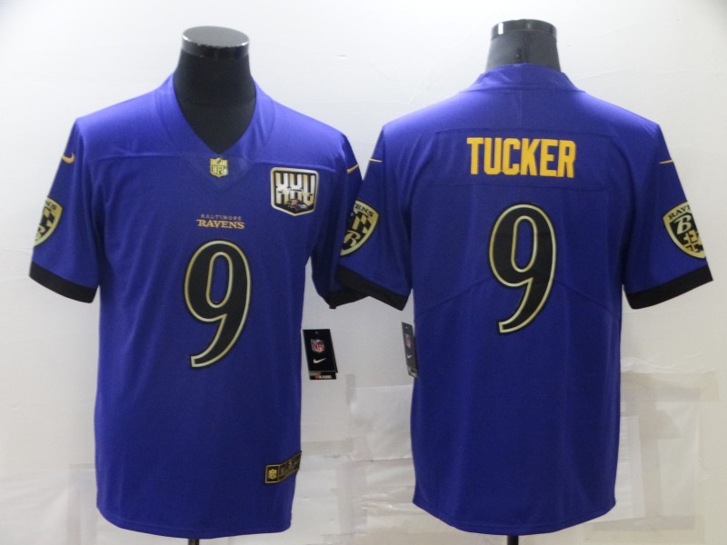 Men's Baltimore Ravens 9 Justin Tucker Purple 25th Season Golden Stitched NFL Nike Limited Jersey