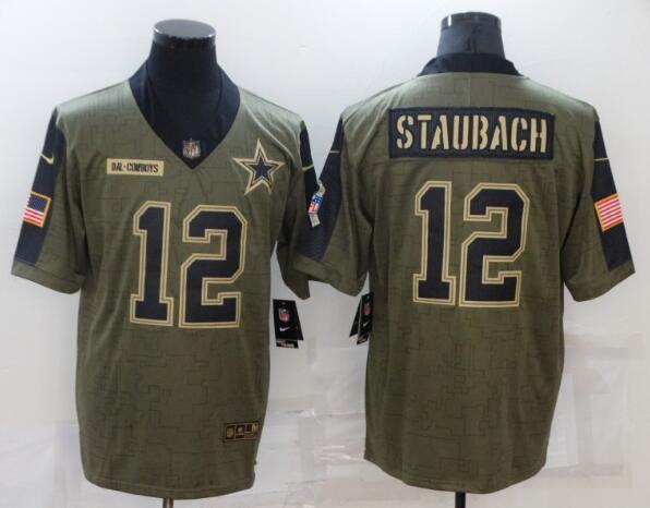 Men's Dallas Cowboys Roger 12 Staubach Nike Olive 2021 Salute To Service Retired Player Limited Jersey