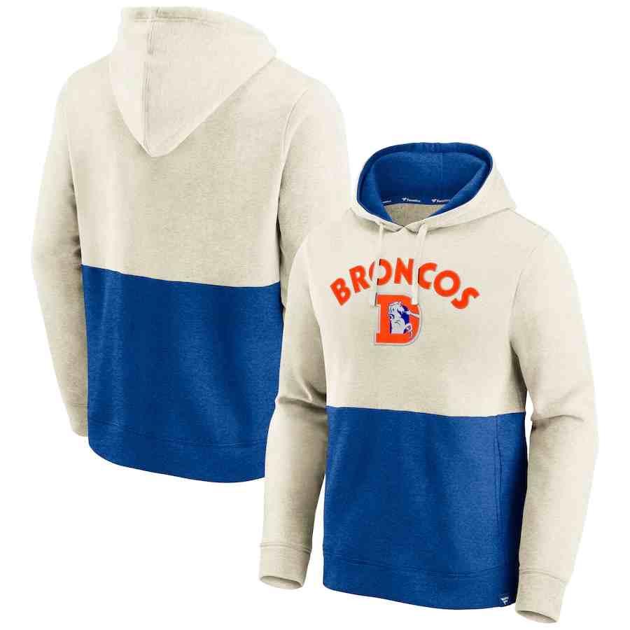 Denver Broncos Fanatics Branded Throwback Arch Colorblock Pullover Hoodie - Oatmeal&Royal