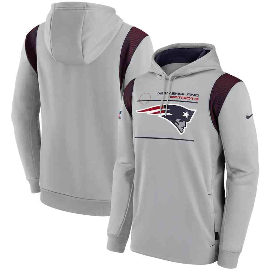 Men's New England Patriots 2021 Grey Sideline Logo Performance Pullover Hoodie