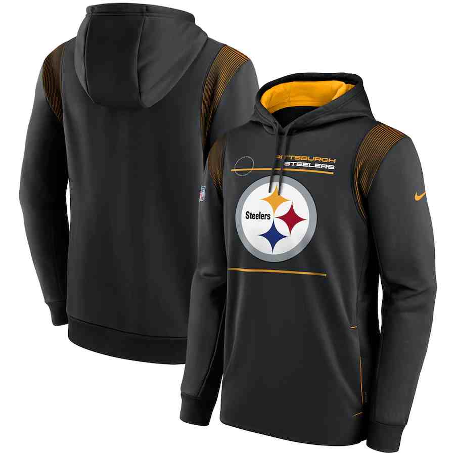 Men's Pittsburgh Steelers 2021 Black Sideline Logo Performance Pullover Hoodie