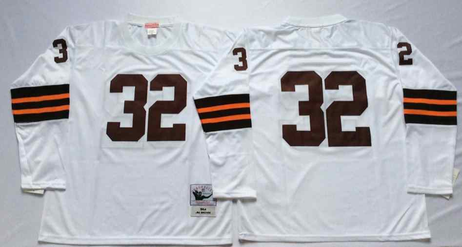 Cleveland Browns 32 Jim Brown 1964 Throwback White  Long Sleeve  Jersey