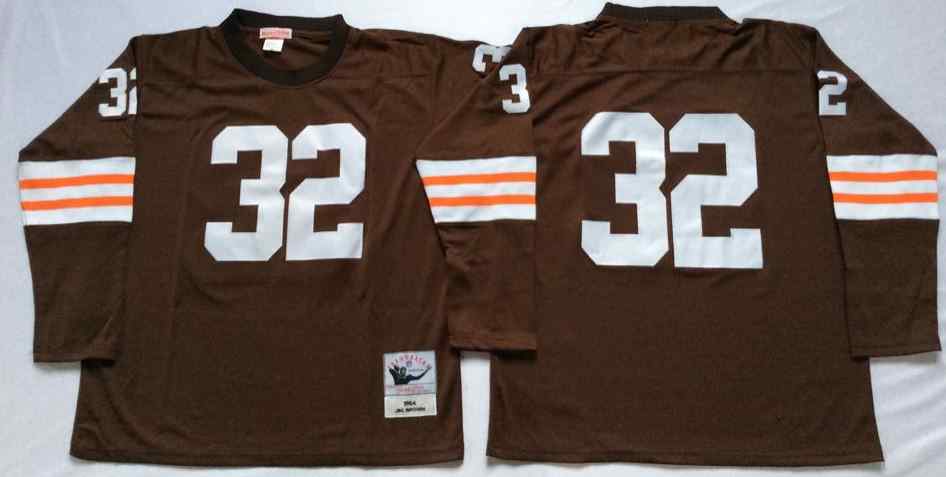 Cleveland Browns 32 Jim Brown 1964 Throwback Brown  Long Sleeve Jersey