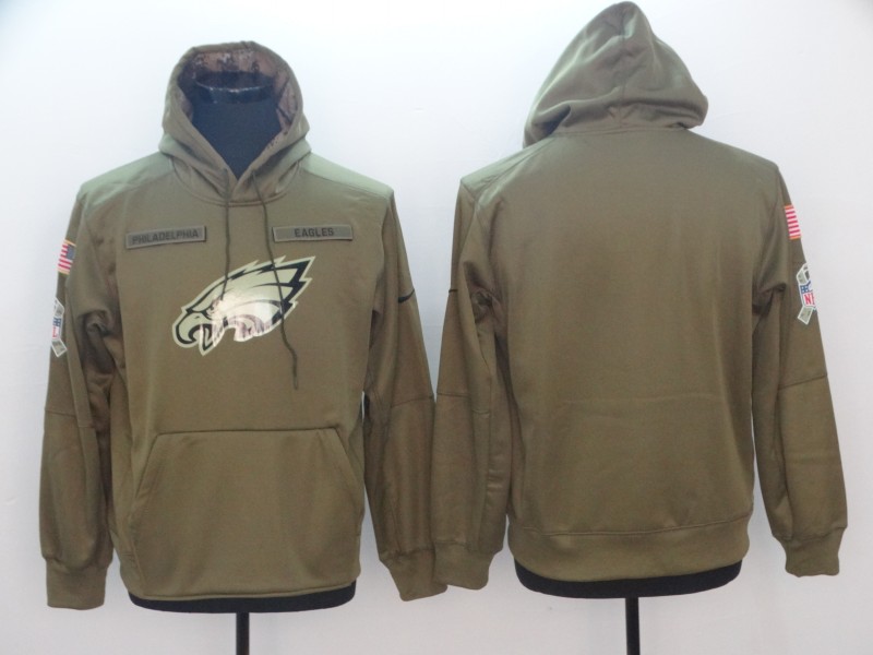 Men's Philadelphia Eagles 2018 Olive Salute To Service Sideline Therma Performance Pullover Stitched NFL Hoodie