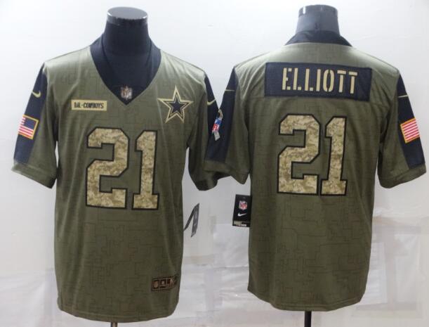 Men's Dallas Cowboys 21 Ezekiel Elliott 2021 Olive Camo Salute To Service Limited Stitched Jersey