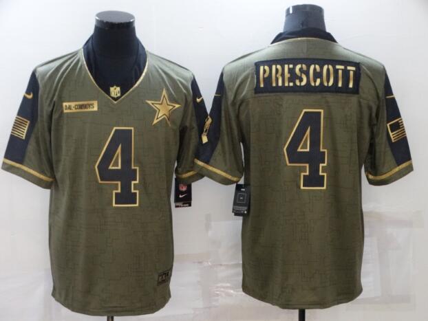 Men's Dallas Cowboys 4 Dak Prescott 2021 Olive Gold Salute To Service Limited Stitched Jersey