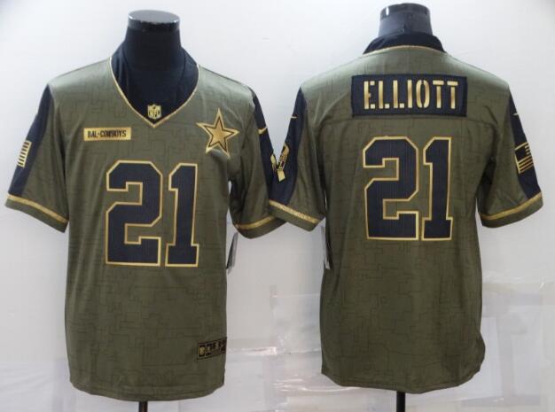 Men's Dallas Cowboys 21 Ezekiel Elliott 2021 Olive Gold Salute To Service Limited Stitched Jersey